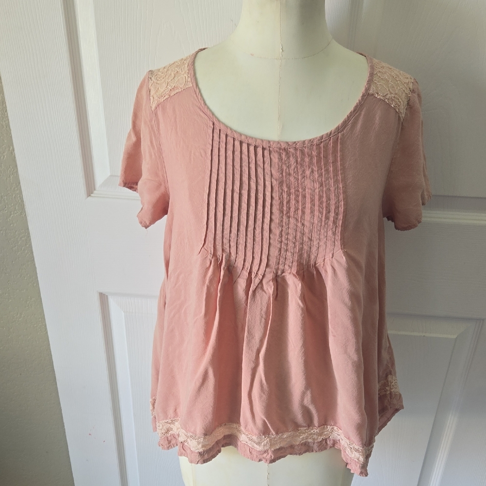Tokyo Darling Pink Lace Yoke Pintuck Pleated Short Sleeve Blouse Large
